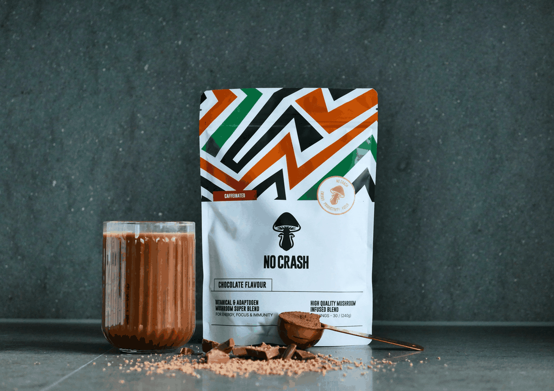 NO CRASH functional mushroom chocolate drink - the full two-layer formula